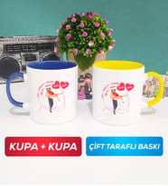 İkili Sevgiliye Sevgililer Günü Hediyesi 2 Kupa Bardak Lacivert Sarı