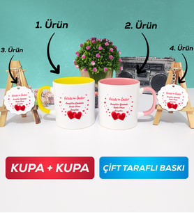 İkili Sarı Pembe Sevgiliye Sevgililer Günü Hediyesi 6 Kupa Bardak Anahtarlık