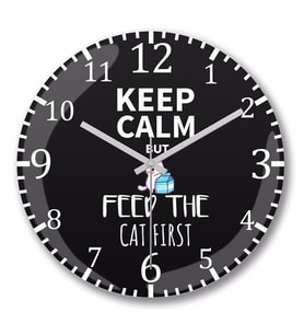 Keep Calm Feed Cat  Duvar Saati Bombeli Gercek Cam
