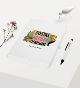 BK Gift Kişiye Özel Sosyal Bilgiler Öğretmeni Temalı Beyaz Defter Kalem Hediye Seti - 3