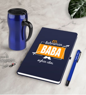 BK Gift Kişiye Özel En Kahraman Baba Lacivert Defter Kalem Termos Mug Seti (Model 1)
