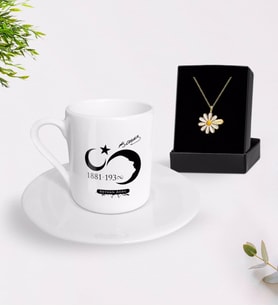 BK Gift Kişiye Özel Atatürk Temalı Türk Kahvesi Fincanı ve İsimli Papatya Kolye Hediye Seti-5 (Model 1)