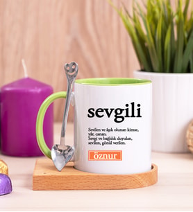 Sevgili Kelime Anlamı Ahşap Altlıklı Yeşil Kupa Bardak