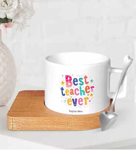 BK Gift Kişiye Özel En İyi Öğretmen Ahşap Altlıklı Seramik Fincan-12 (Beyaz)