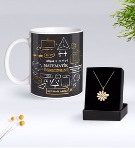 BK Gift Kişiye Özel Matematik Öğretmeni Kupa Ve Papatya Kolye Hediye Seti-10 (Model 1)