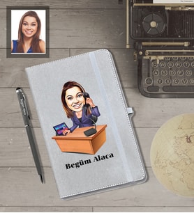 Kişiye Özel İş Kadını Karikatürlü Gri Defter Kalem Hediye Seti  Bayan-9