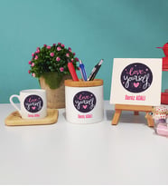 Love Yourself Tasarımlı Kişiye Özel Hediye Ahşap Altlıklı Türk Kahvesi Fincanı Kalemlik Dekoratif Taş Baskı Seti
