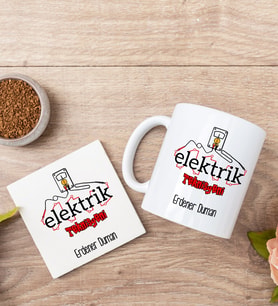 Elektrik Teknisyeni Beyaz Kupa Bardak Ve Bardak Altlığı Seti