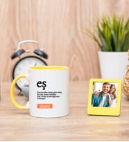 Eş Kelime Anlamı Sarı Kupa Bardak ve Sarı Mini Fotoğraf Çerçevesi