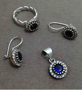 Safir Ve Beyaz Zirkon Taşlı Otantik Bayan Gümüş Üçlü Set