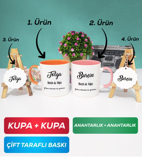 İkili Turuncu Pembe Sevgiliye Hediye İsme Özel Sevgililer Günü Hediyesi Kupa Bardak Anahtarlık Hediye Seti