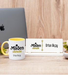 Maden Mühendisi Sarı Kupa Bardak Ve Masa İsimliği Hediye Seti