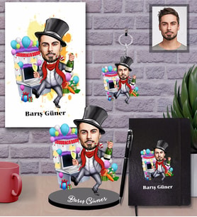 Kişiye Özel Yılbaşı Erkek Karikatürlü 5 li Hediye Seti Model-8