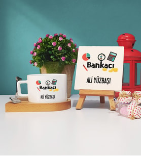 Bankacı Tasarımlı Kişiye Özel Hediye Bankacı Ahşap Altlıklı Fincan ve Dekoratif Taş Baskı Seti