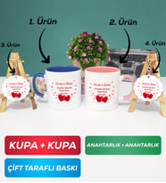 İkili Lacivert Pembe Sevgiliye Sevgililer Günü Hediyesi 6 Kupa Bardak Anahtarlık