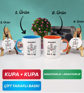 İkili Mavi Turuncu Kişiye Özel Sevgililer Günü Hediyesi Kupa Bardak Anahtarlık Hediye Seti