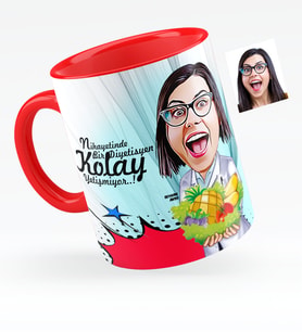BK Gift Kişiye Özel Bayan Diyetisyen Karikatürlü Kırmızı Kupa Bardak  1