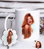 BK Gift Kişiye Özel Kadın Animasyon Karikatürlü Beyaz Kupa ve Anahtarlık Hediye Seti-9 (Model 1)