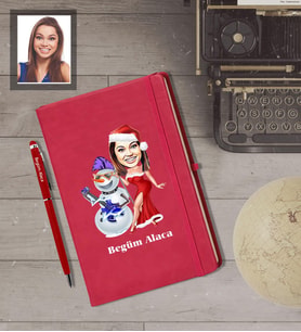 Kişiye Özel Yılbaşı Bayan Karikatürlü Kırmızı Defter Kalem Hediye Seti Model-2