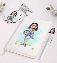 BK Gift Kişiye Özel Kadın Tenis Oyuncusu Karikatürlü Beyaz Defter Kalem ve Anahtarlık Hediye Seti (Model 1)