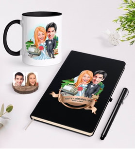 BK Gift Kişiye Özel Yılın En Mükemmel Çifti Karikatürlü Siyah Defter Kalem ve Kupa Seti-66 (Model 1)