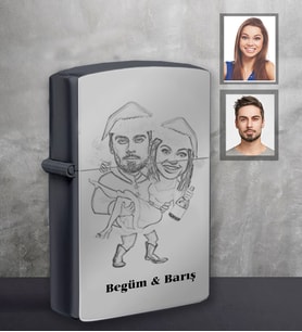 Kişiye Özel Yılbaşı Sevgili Karikatürlü Siyah Benzinli Çakmak Model-2