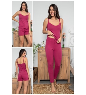 MyBen Kadın Mürdüm Renkli Dantel Detaylı Şortlu ve Taytlı Pijama Takımı 3'lü Set 75023