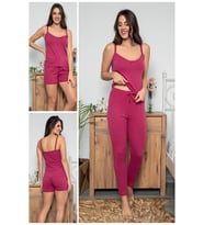 MyBen Kadın Mürdüm Renkli Dantel Detaylı Şortlu ve Taytlı Pijama Takımı 3'lü Set 75023