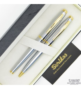 Scrikss 39 Gold Krom Roller Kalem + Tükenmez Kalem Seti  Scrikss Oscar  İsme Özel Kalem  Hediye Kalem