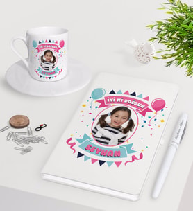 BK Gift Kişiye Özel Fotoğraflı Doğum Günü Beyaz Defter Kalem Türk Kahvesi Fincanı Seti-2 (Model 1)