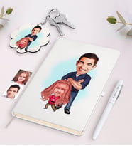 BK Gift Kişiye Özel Baba Kız Karikatürlü Beyaz Defter Kalem ve Anahtarlık Hediye Seti-1 (Model 1)