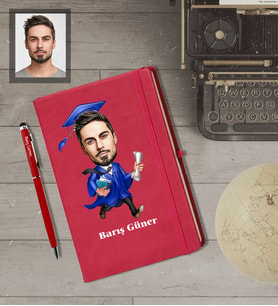 Kişiye Özel Mezuniyet Karikatürlü  Kırmızı Defter Kalem Hediye Seti Bay-4