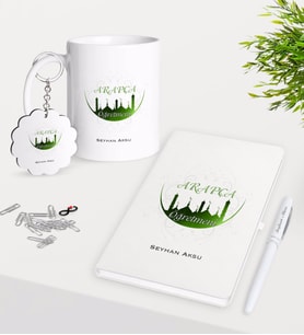 BK Gift Kişiye Özel Arapça Öğretmeni Kupa Anahtarlık Beyaz Defter Kalem Hediye Seti-2 (Model 1)