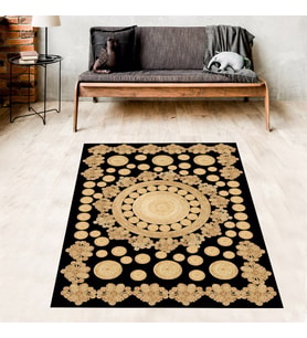 Jüt Hasır Kilim Görünümlü Dijital Baskılı Kaymaz Taban Yıkanabilir Modern Salon Halısı ve Yolluk (Siyah)
