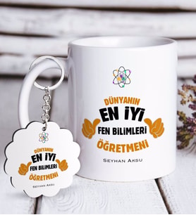 BK Gift Kişiye Özel Fen Bilimleri Öğretmeni Beyaz Kupa ve Anahtarlık Hediye Seti-1 (Model 1)