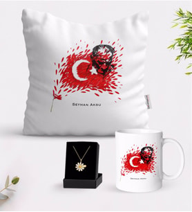 BK Gift Kişiye Özel Atatürk Temalı Beyaz Kupa Yastık ve İsimli Papatya Kolye Hediye Seti-3 (Model 1)