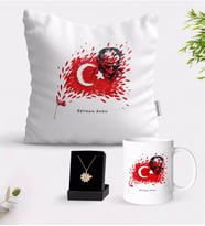 BK Gift Kişiye Özel Atatürk Temalı Beyaz Kupa Yastık ve İsimli Papatya Kolye Hediye Seti-3 (Model 1)