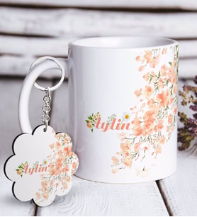 BK Gift Kişiye Özel Çiçek Desenli Beyaz Kupa ve Anahtarlık Hediye Seti-5 (Model 1)