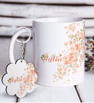 BK Gift Kişiye Özel Çiçek Desenli Beyaz Kupa ve Anahtarlık Hediye Seti-5 (Model 1)