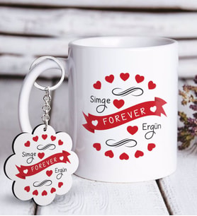 BK Gift Kişiye Özel Sevgililer Günü Beyaz Kupa ve Anahtarlık Hediye Seti-43 (Model 1)