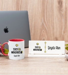 Tekstil Mühendisi Kırmızı Kupa Bardak Ve Masa İsimliği Hediye Seti