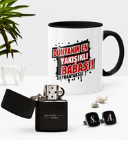 BK Gift Kişiye Özel Dünyanın En Yakışıklı Babası Siyah Kupa Çakmak Kol Düğmesi Seti (Model 1)