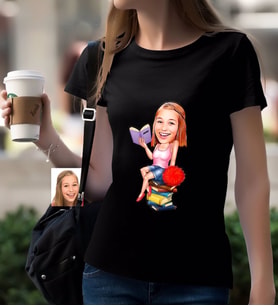 BK Gift Kişiye Özel Bayan Öğrenci Karikatürlü Siyah T-Shirt