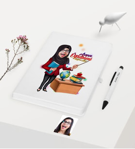 BK Gift Kişiye Özel Tesettürlü Bayan Öğretmen Temalı Karikatürlü Beyaz Defter Kalem Hediye Seti - 1