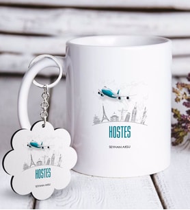 BK Gift Kişiye Özel Mesleki Hostes Beyaz Kupa ve Anahtarlık Hediye Seti-1 (Model 1)
