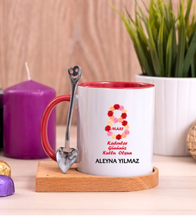 Kadınlar Günü Hediyesi  Ahşap Altlıklı Kırmızı Kupa Bardak