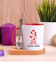 Kadınlar Günü Hediyesi  Ahşap Altlıklı Kırmızı Kupa Bardak