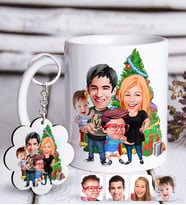 BK Gift Kişiye Özel Yeni Yıl Aile Karikatürlü Beyaz Kupa ve Anahtarlık Hediye Seti-5 (Model 1)
