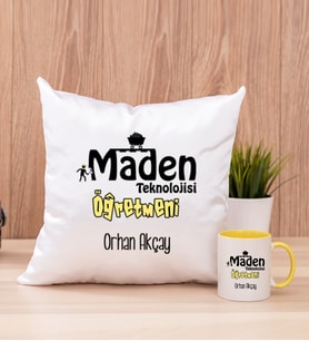 Maden Teknolojisi Öğretmeni Kare Yastık ve Sarı Kupa Bardak