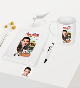 BK Gift Kişiye Özel Bay Öğretmen Temalı Karikatürlü Beyaz Defter Kalem Kupa Seti - 2